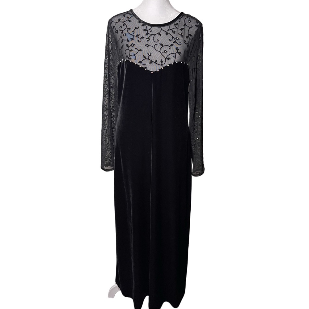Robbie Bee Black Velvet Illusion Maxi Dress Rhinestones Long Sleeve Floral Mesh